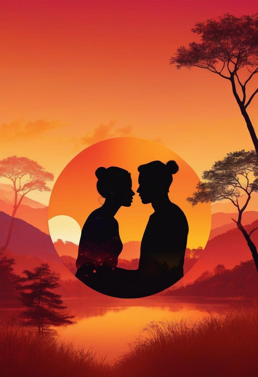 A collage portraying diverse aspects of online intimacy and sexual wellness, featuring silhouettes of couples connecting through digital screens, symbols of inclusivity and sexuality, and a backdrop of serene landscapes representing different cultures. Incorporate warm, inviting colors to convey a sense of comfort and exploration. modern digital art. vibrant colors. abstract background.
