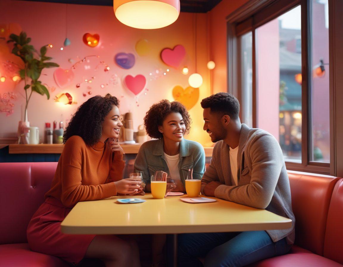 A vibrant and playful visual depicting diverse couples engaging in intimate conversations at a cozy cafe, surrounded by elements symbolizing connection like intertwined hearts and colorful chat bubbles. Soft lighting and warm tones create an inviting atmosphere, while subtle hints of technology signify modern dating. Capture a sense of exploration and joy in human relationships. vibrant colors. warm lighting. 3D.